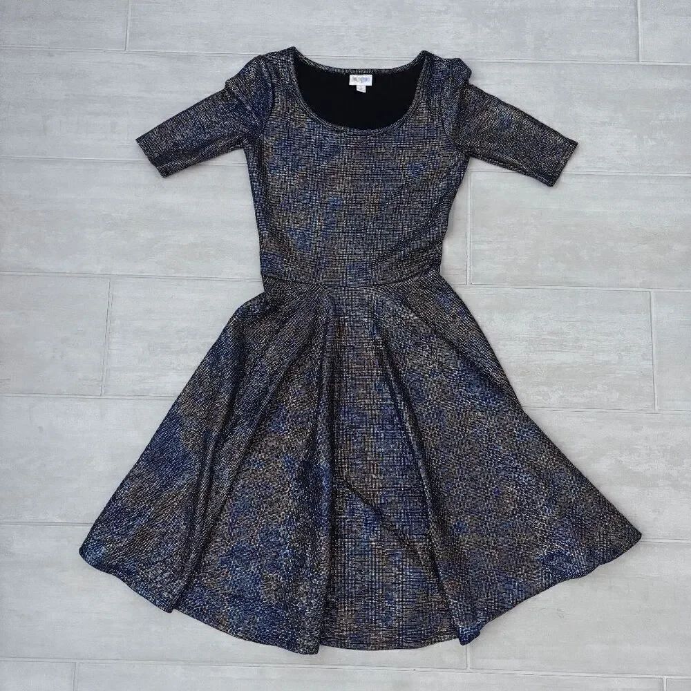 Lularoe Elegant Nicole Dress Rainbow Mermaid Swing Shimmer Iridescent Oil Slick